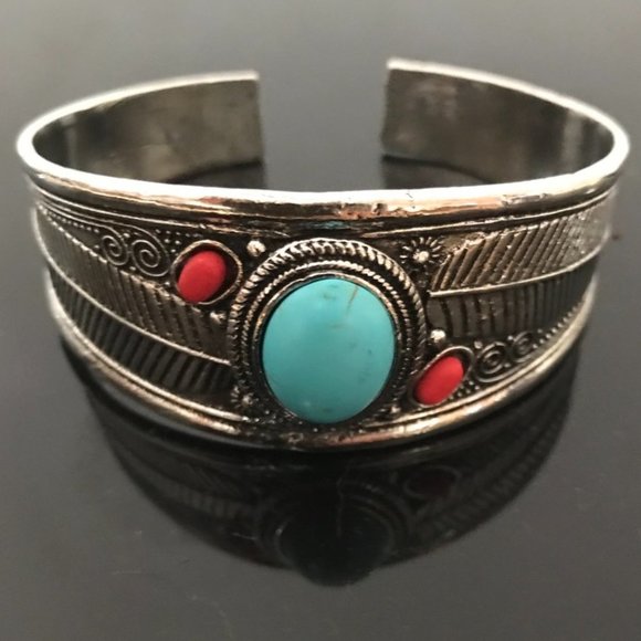 Conceptual Subculture Other - Turquoise Silver Cuff Bracelet Southwestern Coral Mens Mans Western Coral Red